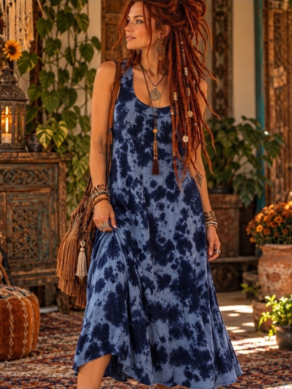 4/$15 Wonderly PM Blue Indigo Tie Dye Cotton Dress Boho Hippie Festival Fall